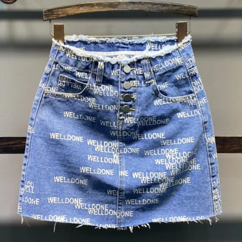 

2022 summer new letter printed denim skirt women high-waisted A-line bag hip skirt short skirt