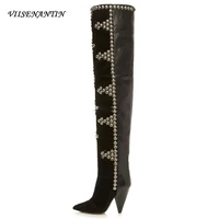 rivets studed women over the knee high boots long boots flock leather patchwork high heel pointed toe runway bota black beige