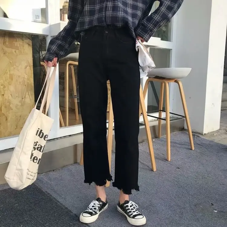 Джинсы для женщин 2019 лето осень бойфренд с высокой талией бахромой пуш ап