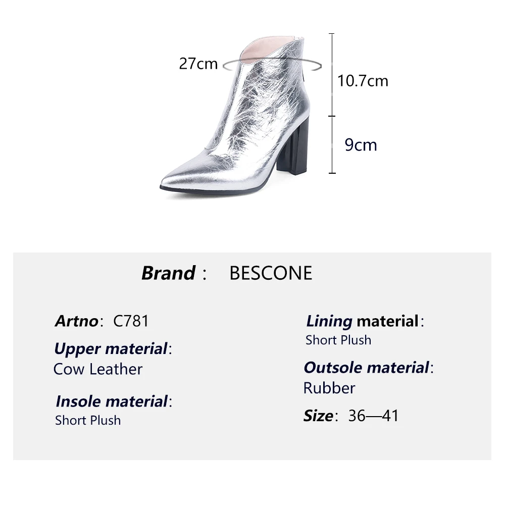

BESCONE Women's Shoes Fashion Concise Leather Handmade Ladies Ankle Boots Pointed Toe Hoof Heels Winter Vogue Boots Women C781
