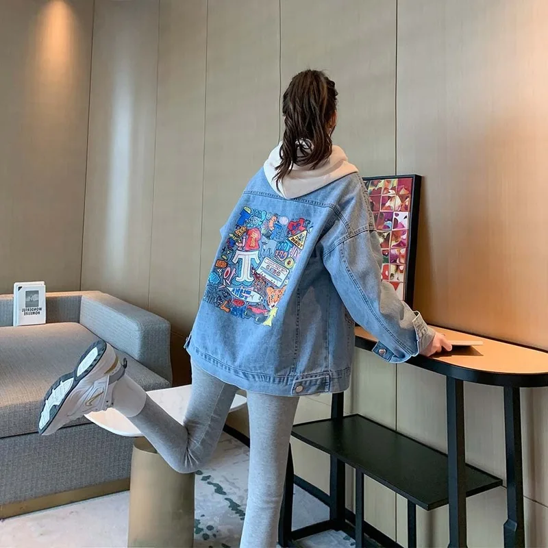 

2020 New Summer Funny Cartoon Print Long Denim Jacket Women Vintage Streetwear Punk Style Oversized Jean Jacket Casaco Feminino