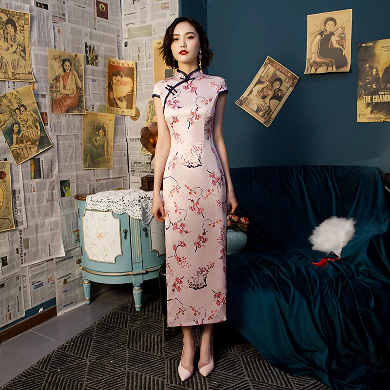SHENG COCO женские сексуальные розовые цветы длинные Qipao национальные китайские платья свадебные Плюс размерное Ципао тонкий розовый шелк Qipao 4XL