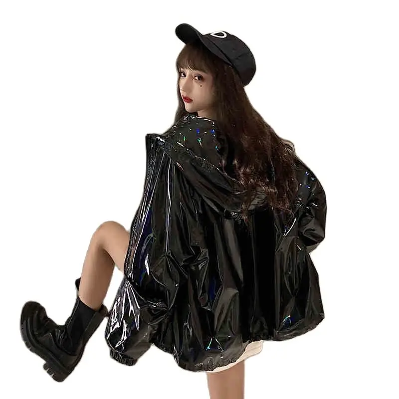 

Женский осенне-весенний плащ, новинка 2021, свободная черная блестящая ветровка, водонепроницаемая верхняя одежда с капюшоном f889