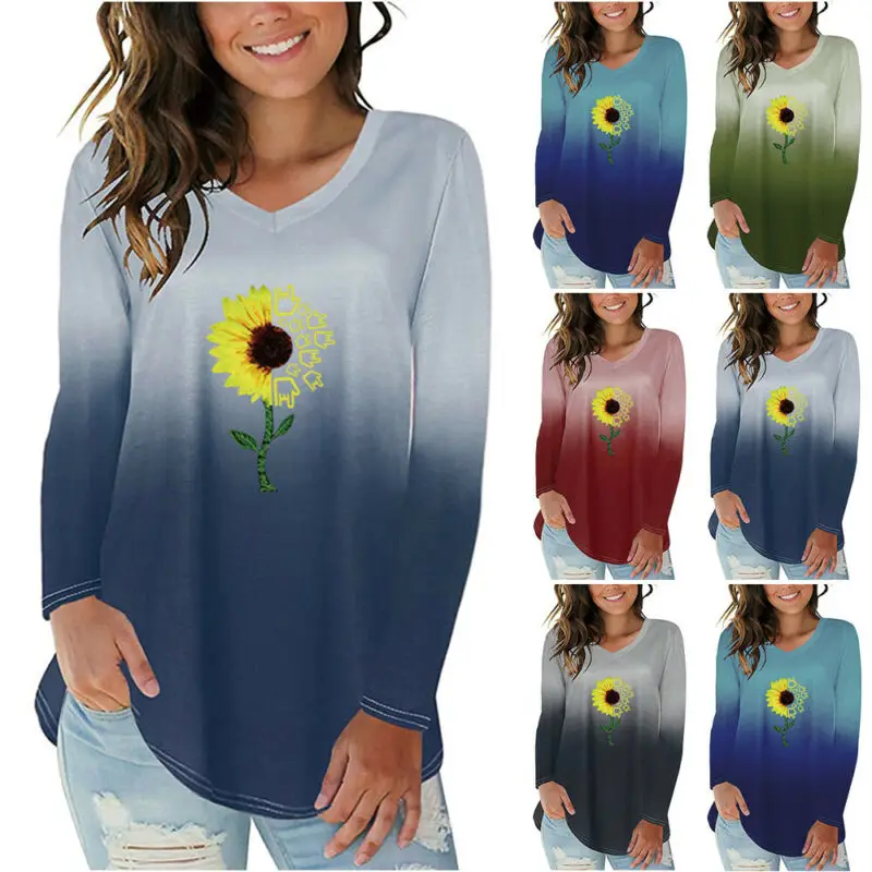 

Womens Gradient Colour Sunflower Printing Long Sleeve V-neck Tunic Tops T-shirt