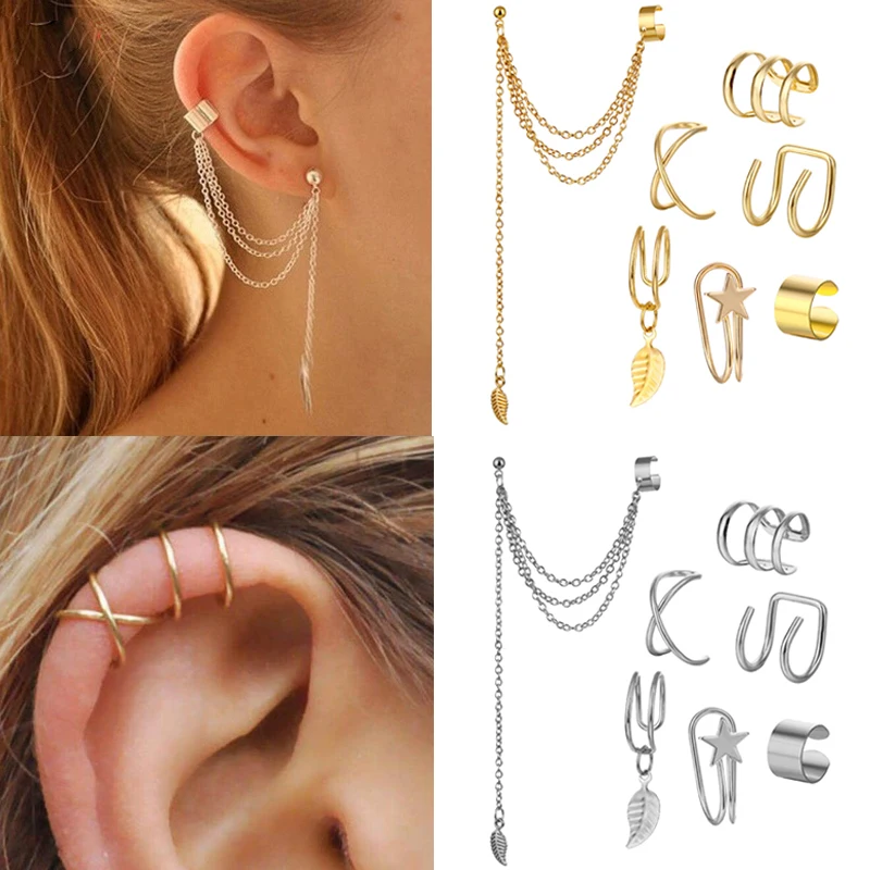 

7Pcs/5Pcs Set Minimalist Ear Cuffs Tassel Earrings for Women Cuff Ear Clips Earring Climbers Earcuffs Fake Studs Stud Earring