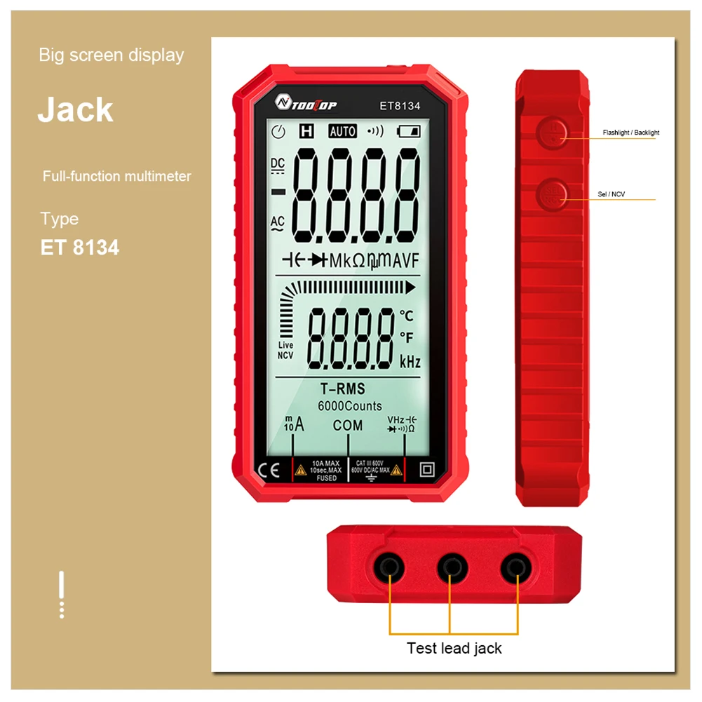 

TOOLTOP ET8134 Digital Multimeter 4.7 Inch LCD DC/AC Current Voltage Measurement Capacitance Resistance Measuring VS ANENG 620A
