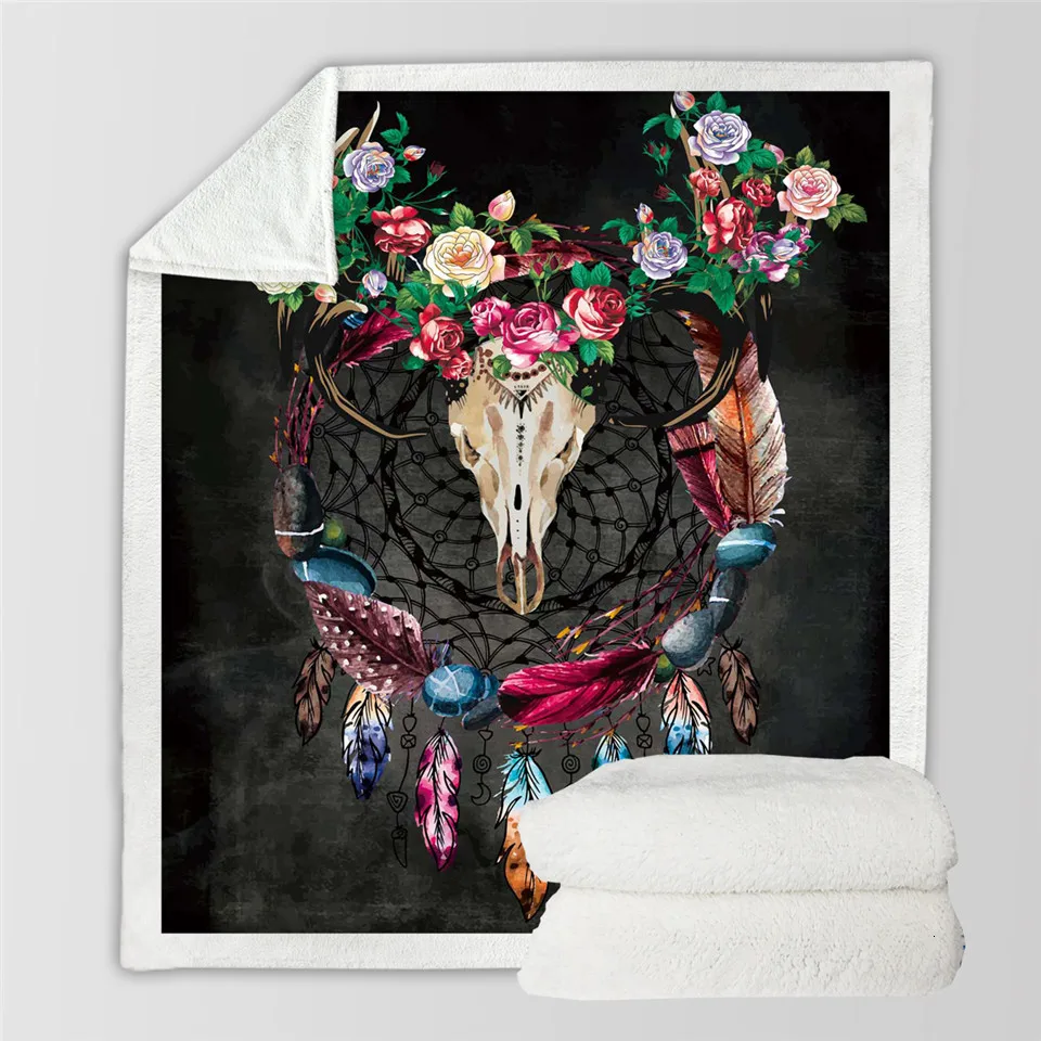 Постельные принадлежности Outlet Boho Ловец снов шерпа пледы одеяло племенные рога Цветок покрывало Готический Череп Бархат плюшевое покрывало 150x200 - Цвет: 1