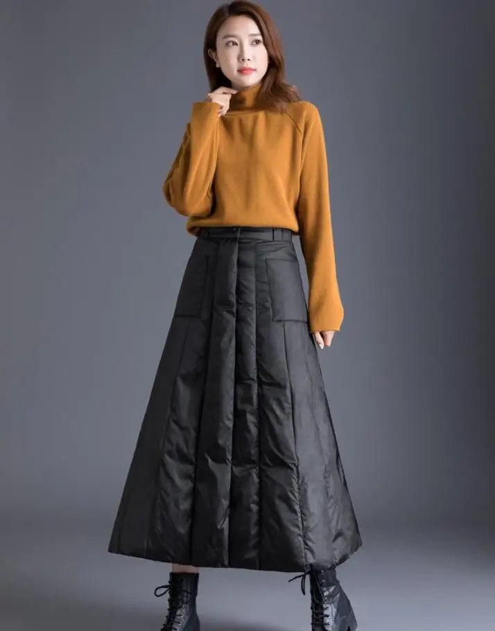

Long Skirts Women Winter Warm White Duck Down Ladies Skirts 2019 A Line Black High Waist Skirt Plus Size Thicken warm Skirt p288