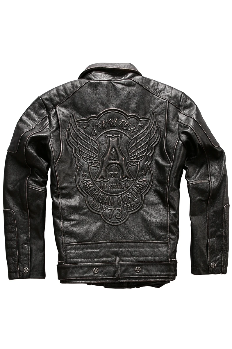 

Men's vintage motorcycle with belt pattern lapel zipper cow leather coat men slim fit rivet biker jacket male