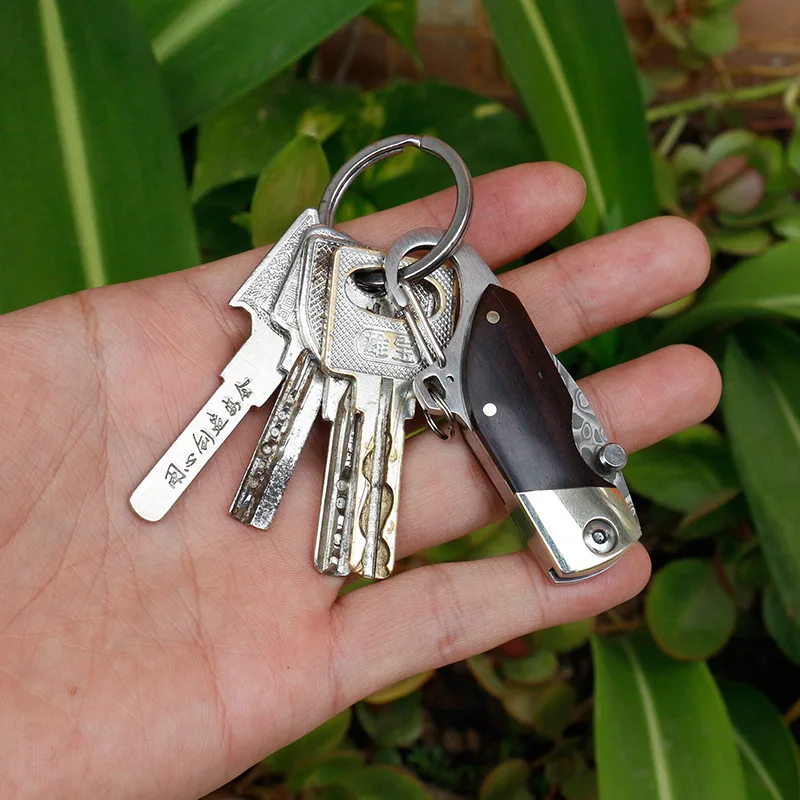 

Keychain Mini Folding Knife Damascus Blade Wood Handle Outdoor Camping Survival Pocket Knives Utility Diving Hunting EDC Tools