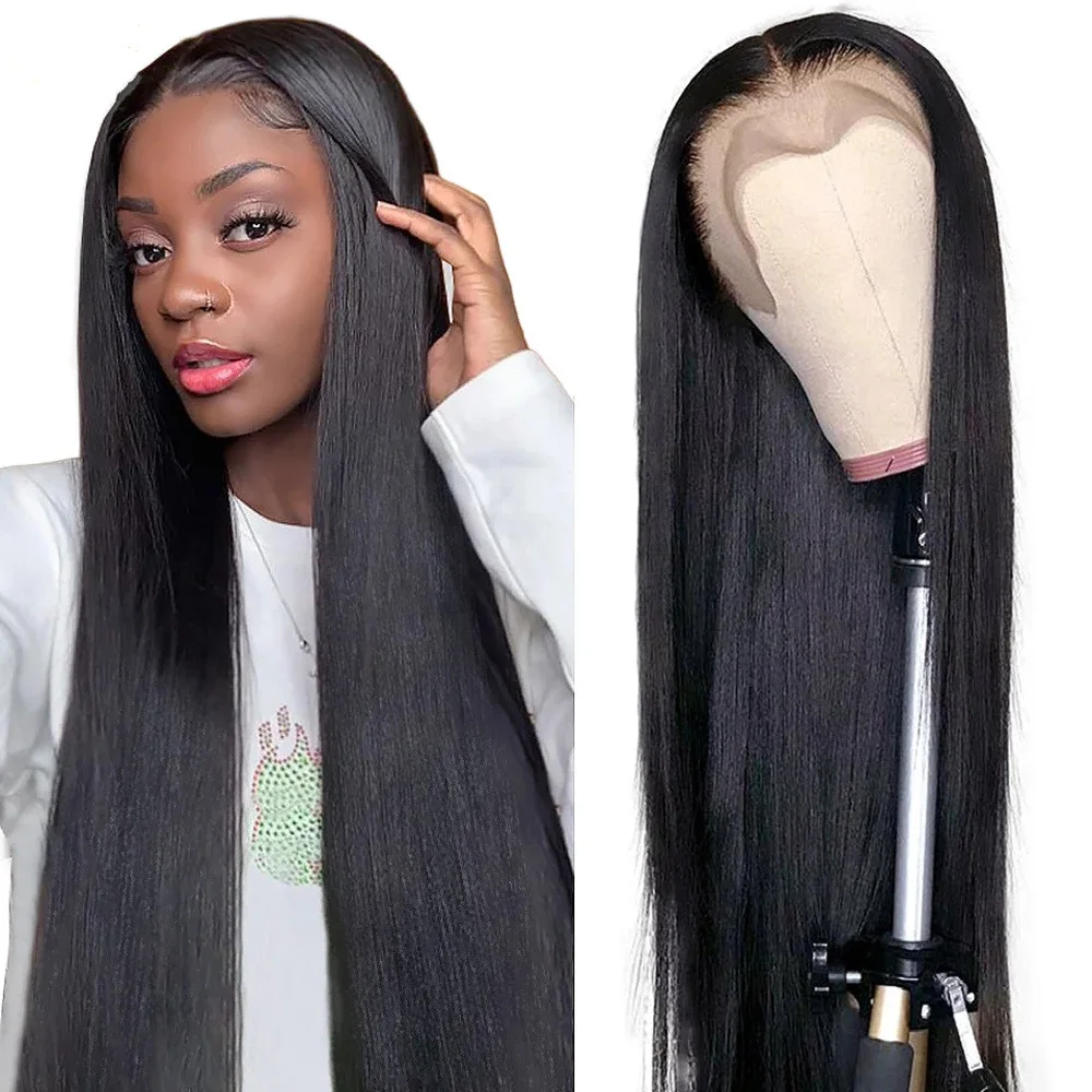 

SuQ Natural Black Synthetic Lace Front Wig for Women Glueless Middle Part Long 26Inch Soft Straight Heat Resistant Daily Wigs