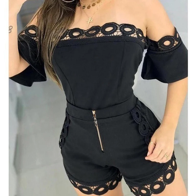 

Sexy One-shoulder Short-sleeved Top + Zipper Shorts Two-piece Suit Casual Sports Street All-in-one Suit for Women Hot Sale 2021