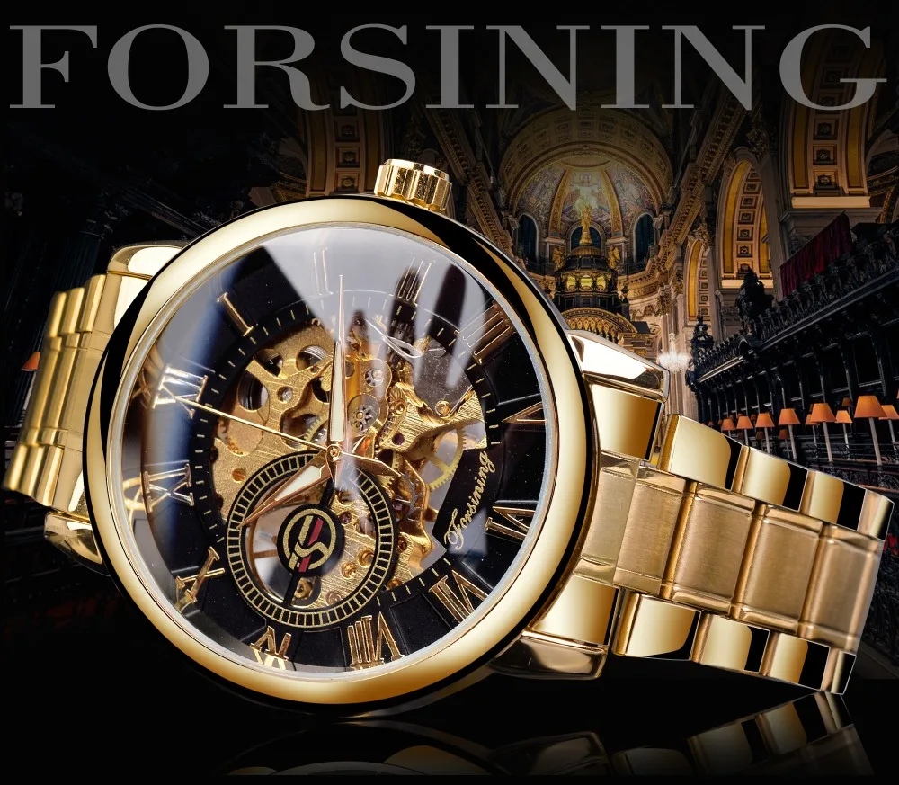 Механические часы Forsining с золотым скелетом, ручная обмотка, мужские роскошные брендовые наручные часы из нержавеющей стали, деловые наручные часы Relogio