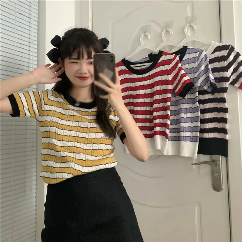 

Ladies Short Sleeve T-Shirt Slim Knitted Tops Tees Women O Neck Striped Casual T-shirt
