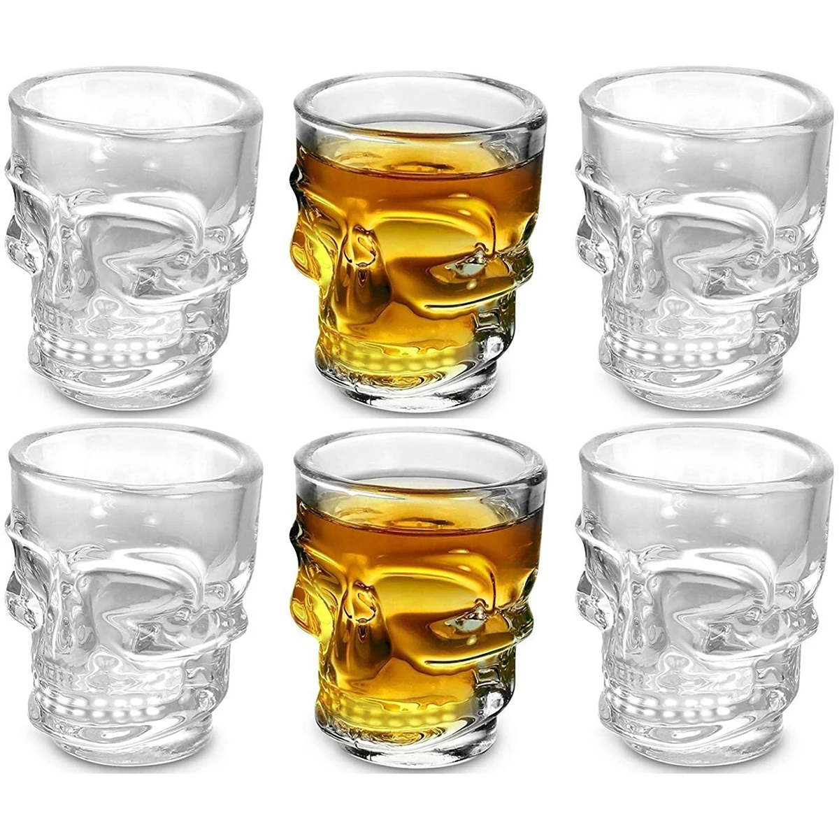Clear Skull Face Whiskey Shot Glasses Set of 6,halloween Skull Shot Glasses Drinking Glassware for Brandy,Liquor,Jello Cup 1.7oz
