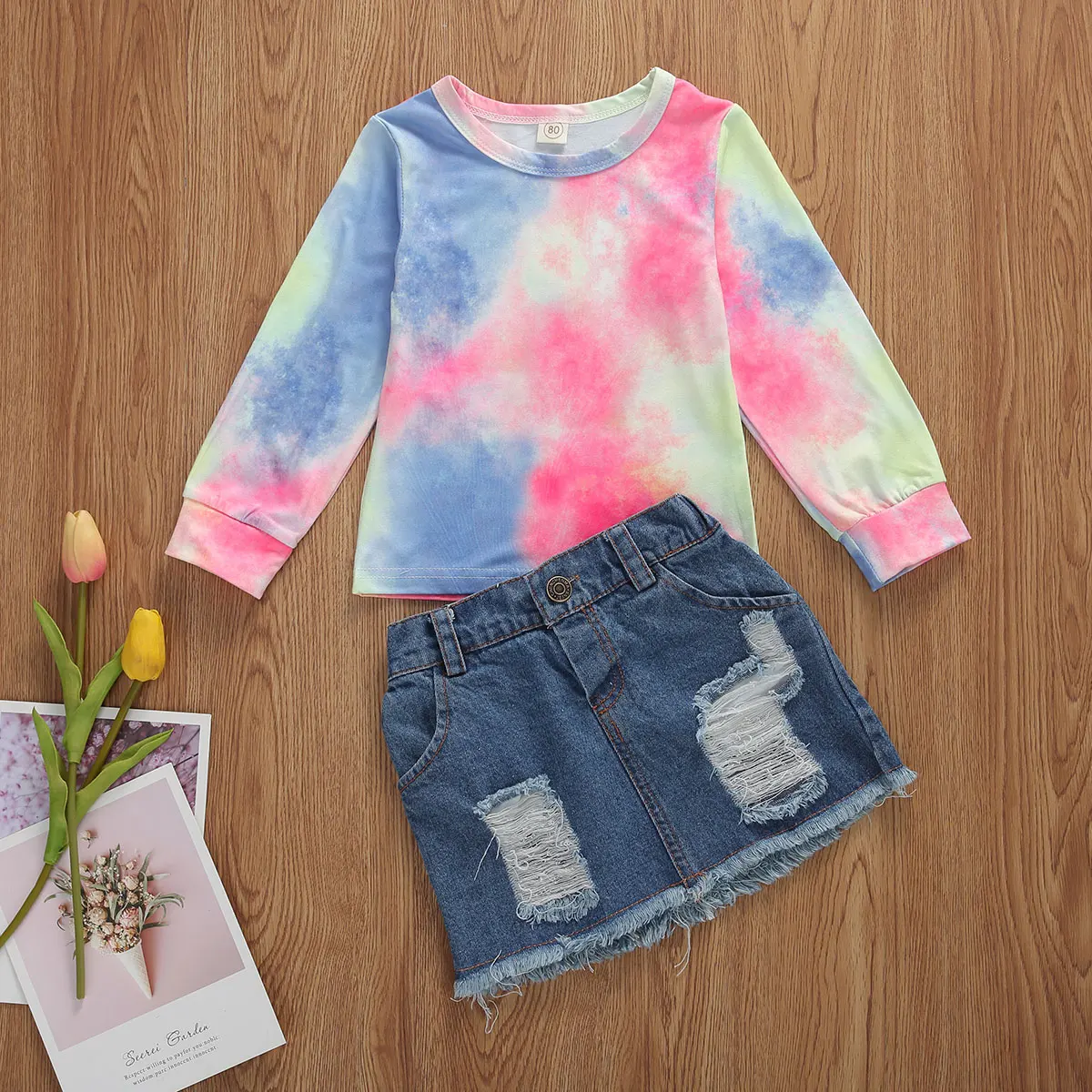 2 шт. футболка с длинным рукавом и джинсовая юбка|Комплекты одежды для девочек| |