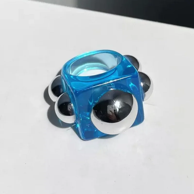 

New Trendy Summer Resin Acrylic Square Rings Gold Round Bead Transparent For Women Girls Friends Couple Jewelry Gift