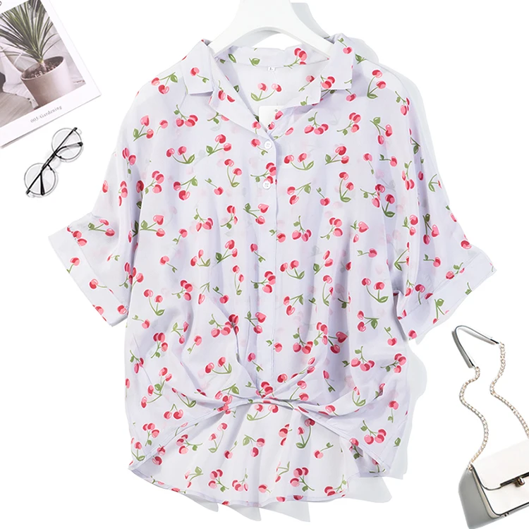 

Women's 100% Pure Silk Top Shirt Blouse Loose Casual Button Short sleeve Size M L JN050-1