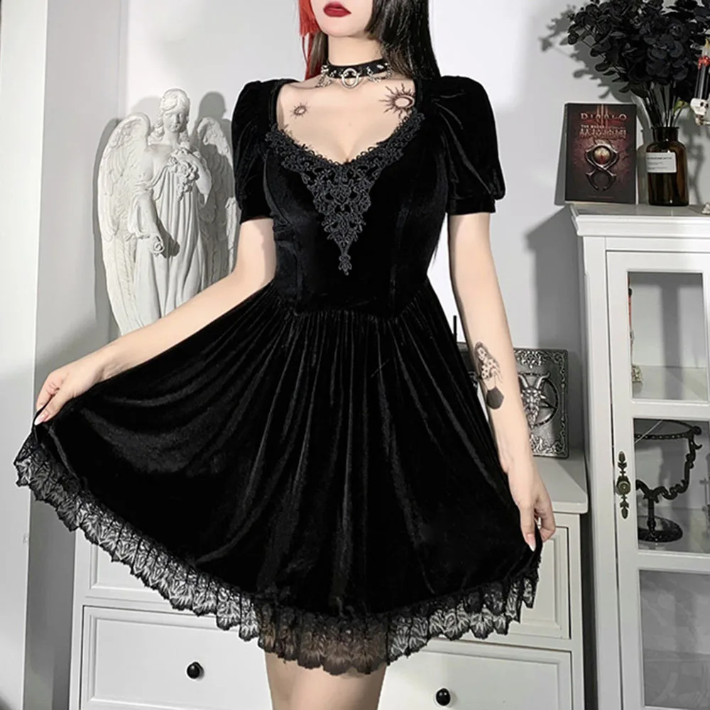 

2021 Summer New Women's Dress Solid Color Lace Puff Sleeve V-neck Korean Velvet Embroidered High Waist Thin Fashion Casual