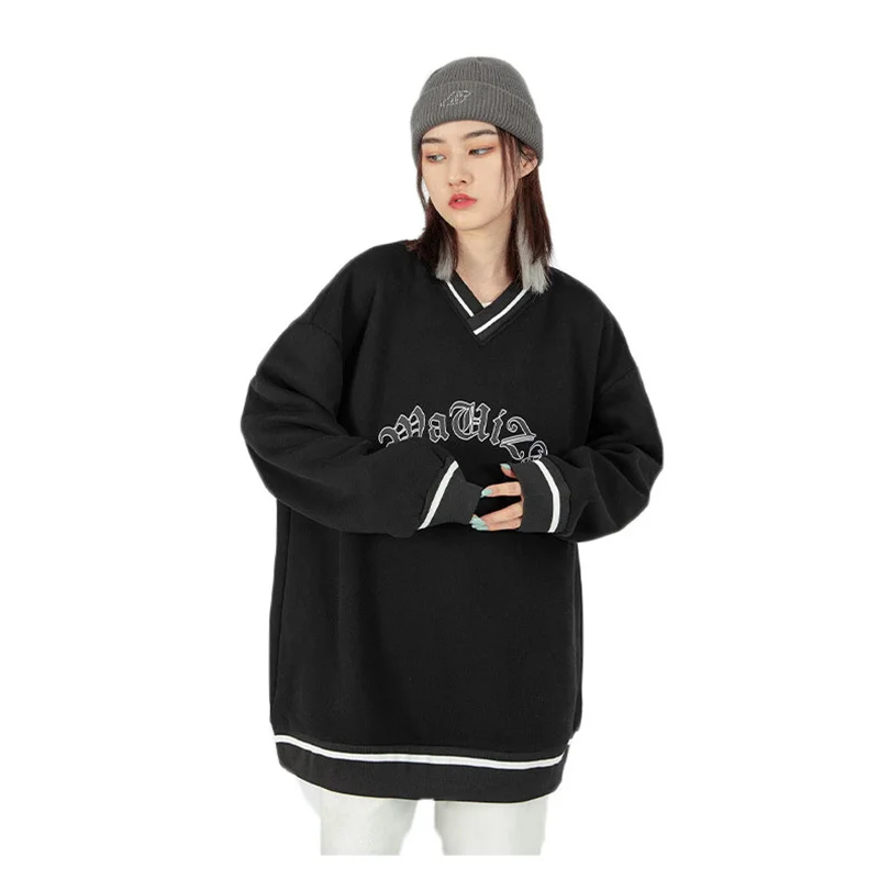 

Hoodies Women 2021 Spring And Autumn New Loose Casual Long-Sleeved V-Neck Letter Printing Student Solid Color Clothes T288