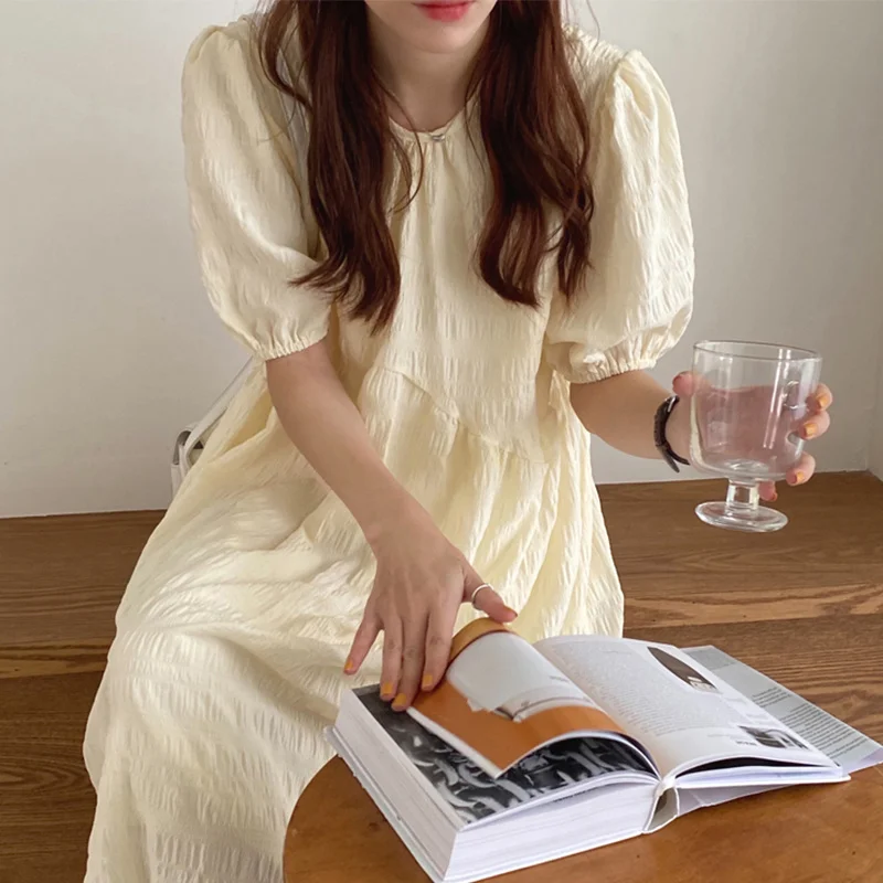 

Dress Korean Chic Spring Soft Cream Apricot Round neck dress woman Loose Fold Design Texture Bubble Sleeve Dress Long Skirt
