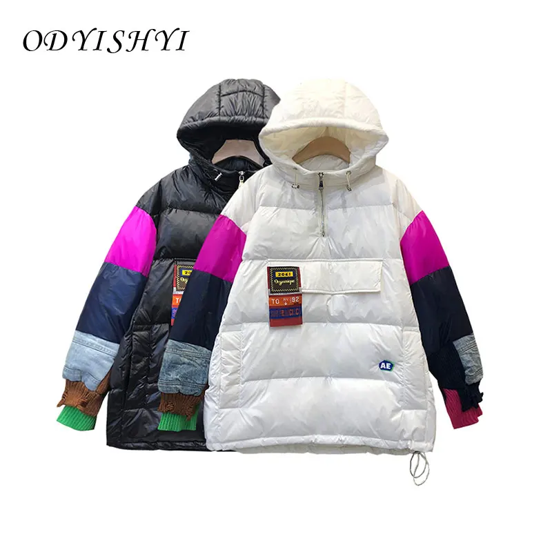 

2021 пуховое пальто, парка, женский зимний толстый модный свитер с капюшоном в стиле пэчворк, Повседневная пуховая куртка, женское короткое св...