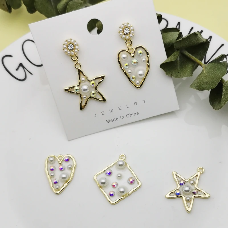 

10pcs Transparent Pearl AB Rhinestone Alloy Enamel Charms Heart Pendants Fit DIY Jewelry Earring Bracelet Accessories YZ814