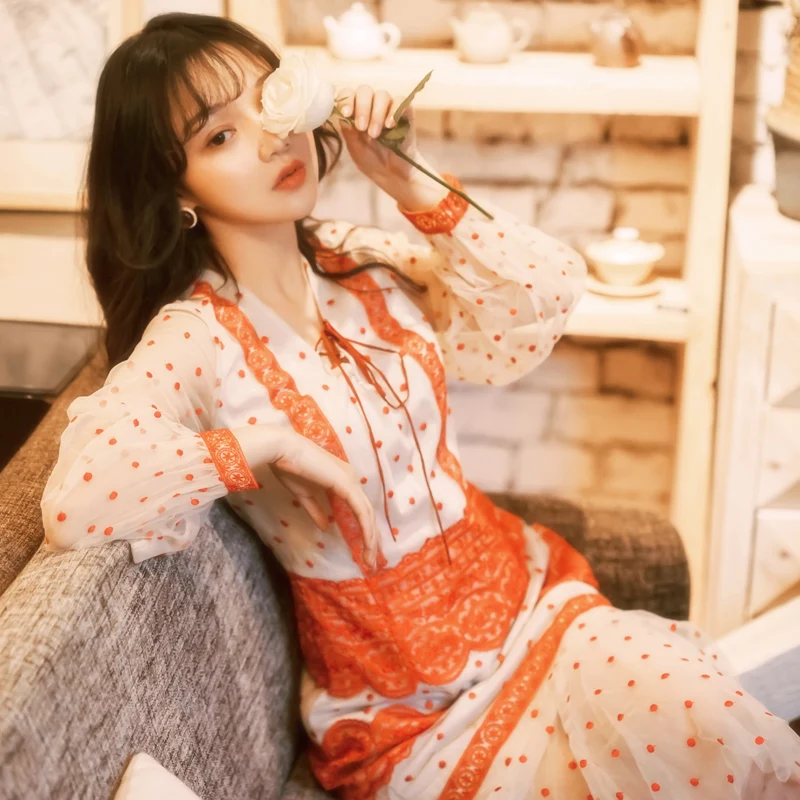 

YAMDI patchwork wembroidery elegant vintage long sleeve spring summer dresses women a-line runway 2020 luxury boho dress party