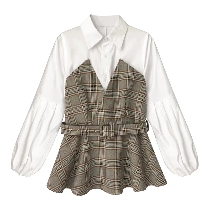 Весенняя женская блузка плюс размера топы Camisas Mujer женские топы клетчатая рубашка с буфами на рукавах Blusas Femininas Elegante