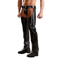new black gothic men skinny faux leather pants shiny trousers nightclub stage performance singers dancer open front male pants