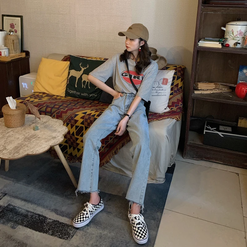 

Retro High Waist Slimming Denim Trousers for Women Ins Trendy Straight All-Matching Pants for Students Loose Korean Style 2021