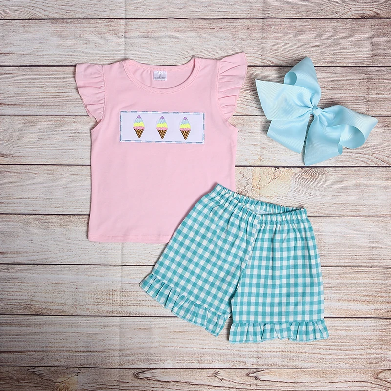 

Летняя одежда для девочек, розовый топ без рукавов и Синие Клетчатые Шорты, наряды для маленьких девочек с тремя вышитыми рисунками морожен...