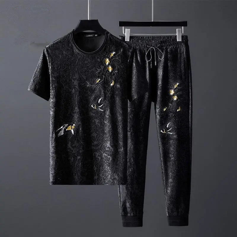 

2021 High-End Dark Jacquard Casual Men 's Suit Summer Trendy Handsome Short Sleeve Sports Trousers Two - Piece Suit Fashion