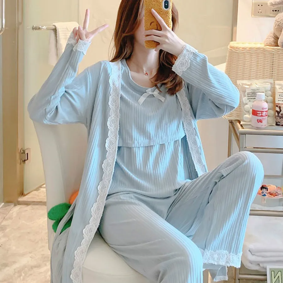 

Lace Pregnant Women Cotton Maternal Breastfeeding Pajamas 3 PCs/Set Printed Maternity Nursing Sleepwear Breastfeeding Nightwear