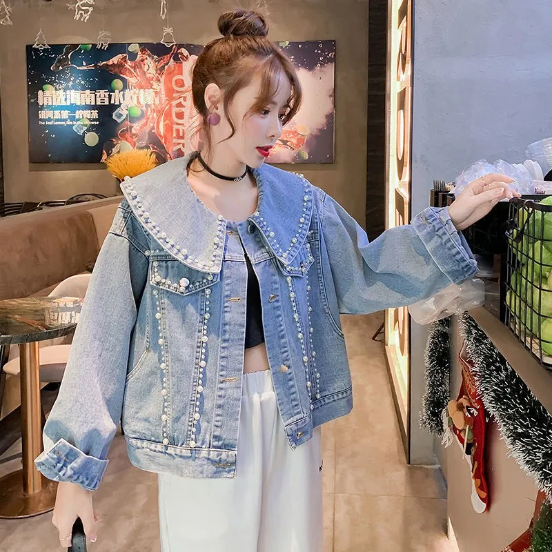 

Джинсовая куртка в стиле Питера Пэна, с воротником, весна-осень