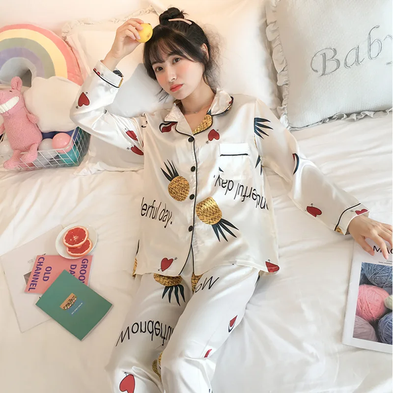 

Cartoon Silk Pajamas Sexy Long Sleeve Sleepwear Satin Silk Underwear Plus Size Lingere Home Clothes 2-piece Pajamas for Women
