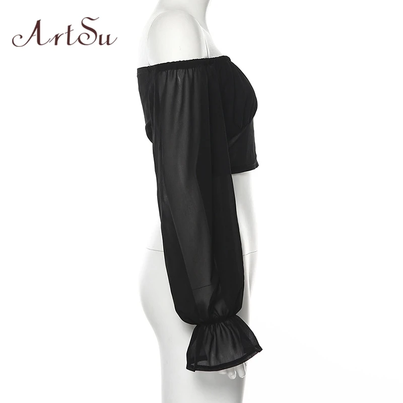 Женская шифоновая блузка ArtSu черная с вырезом лодочкой и расклешенными рукавами