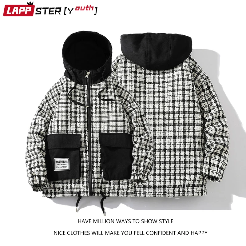

Парка мужская зимняя клетчатая с большими карманами и капюшоном, 4XL