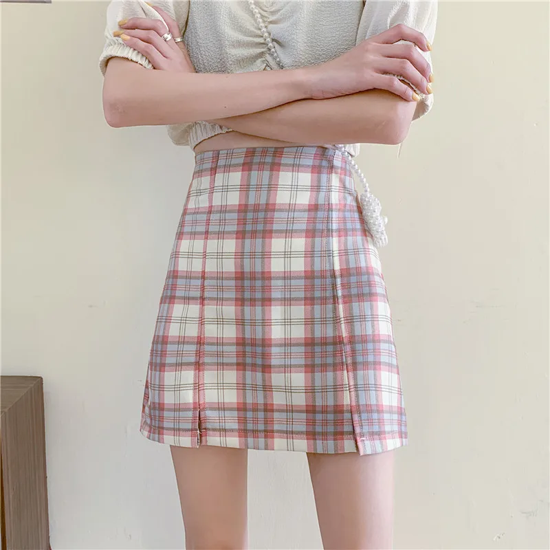 

Summer Women's Mini A-line skirt Girls Spring Streetwear Plaid skirts Female Plus Size High Waist Casual Short Dresses