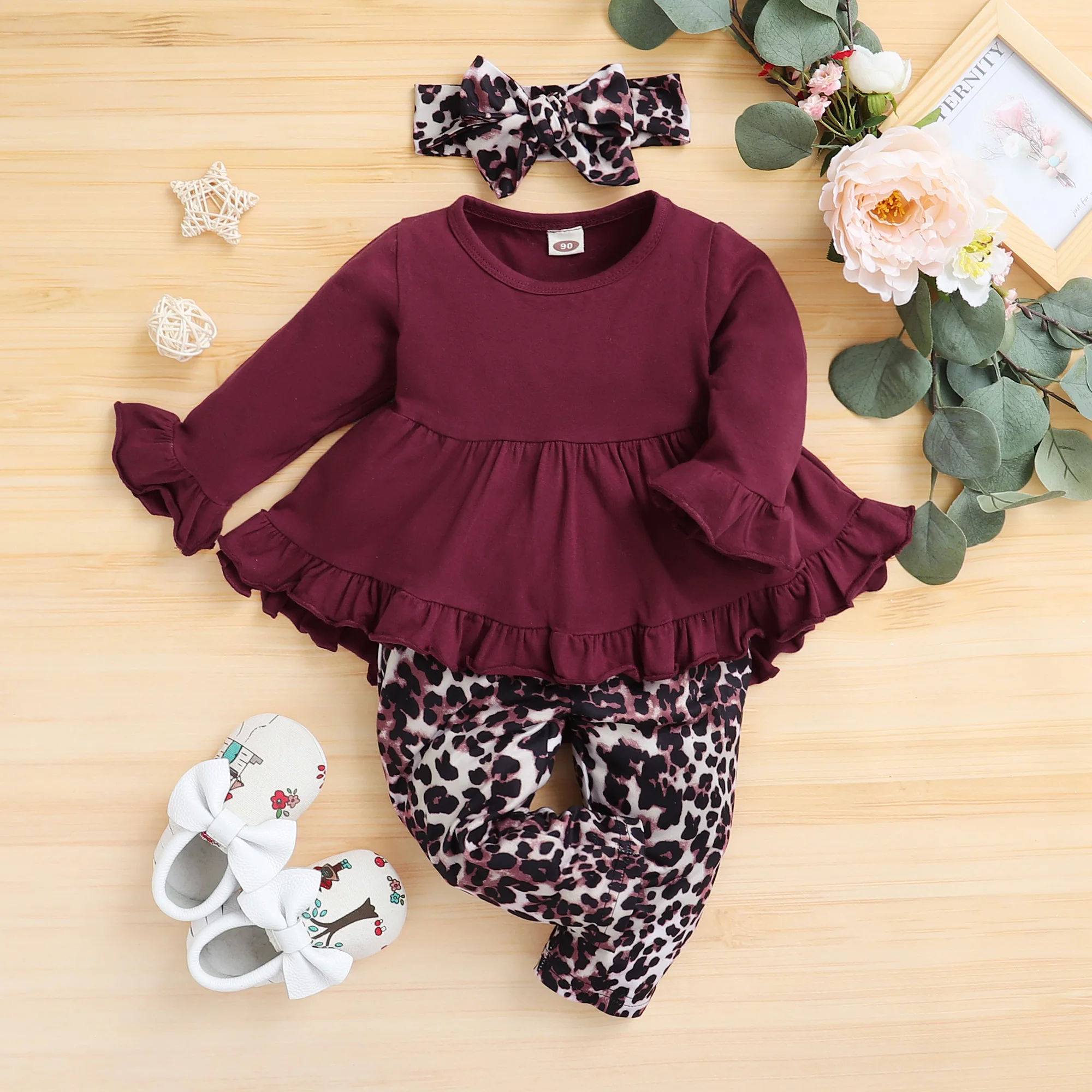 

Autumn Baby Clothes Stylish Solid Wine Red Long Sleeve Ruffled Top Leopard Pants Set Free Shipping Winter Baby Girl Outfits