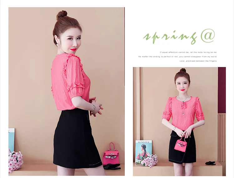 

Women's Blouse O-neck Shirt Short Sleeve Tops Splicing Chiffon Top Fashion Casual Shirts Summer Korean New 10123