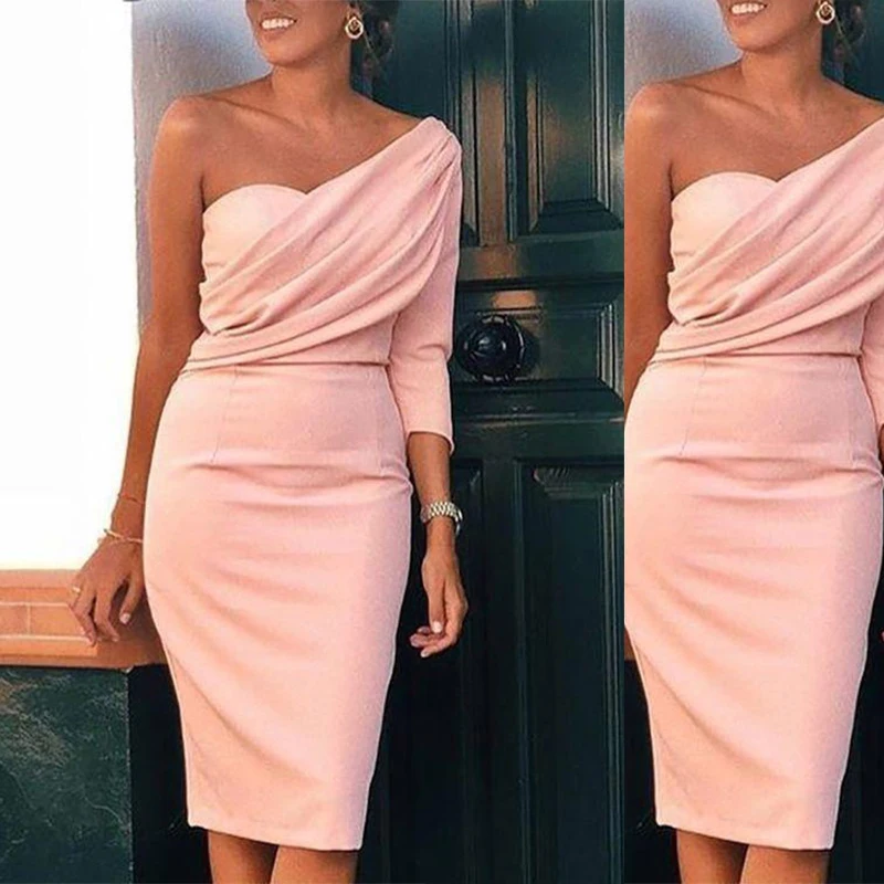 

Elegant Pink Long Sleeves One Shoulder Sheath Sweetheart Satin Wedding Guest Dress Bridesmaid Dresses