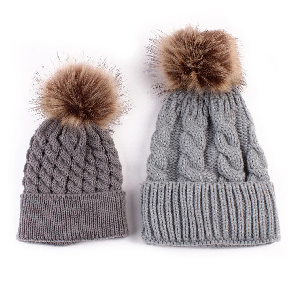 

#55 Mom And Baby Knitting Keep Warm Hat Furry Balls Pompom Solid Warm Cute Lovely Beanie Cap Gifts