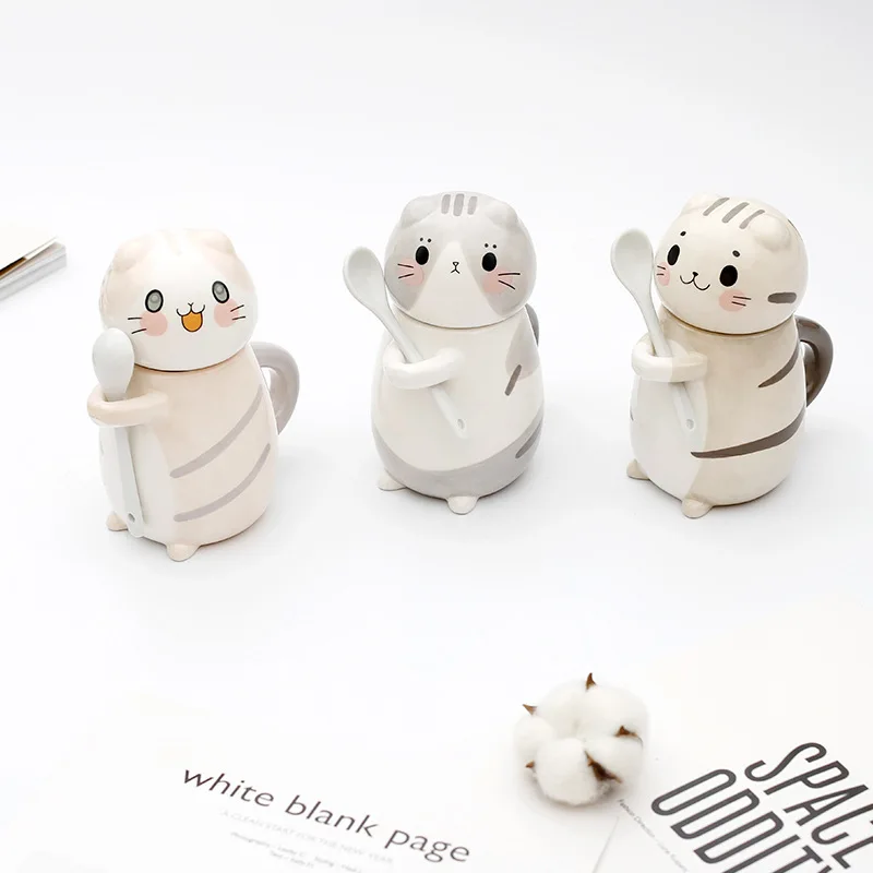 

Cute Cat Couple's Japanese-Style Cartoon Ceramic with Lid Spoon Mug