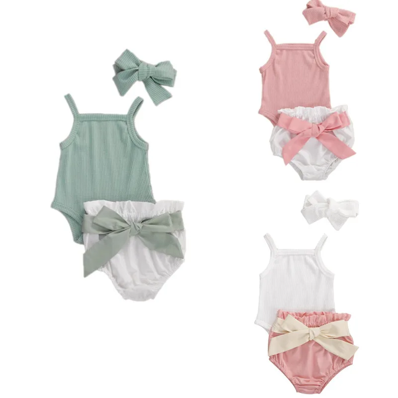 

3Pcs Baby Boy Outfit Sweet Style Summer Round Collar Sleeveless Sling Ribbed Romper + Solid Bow Shorts + Headwear Baby Girl Sets