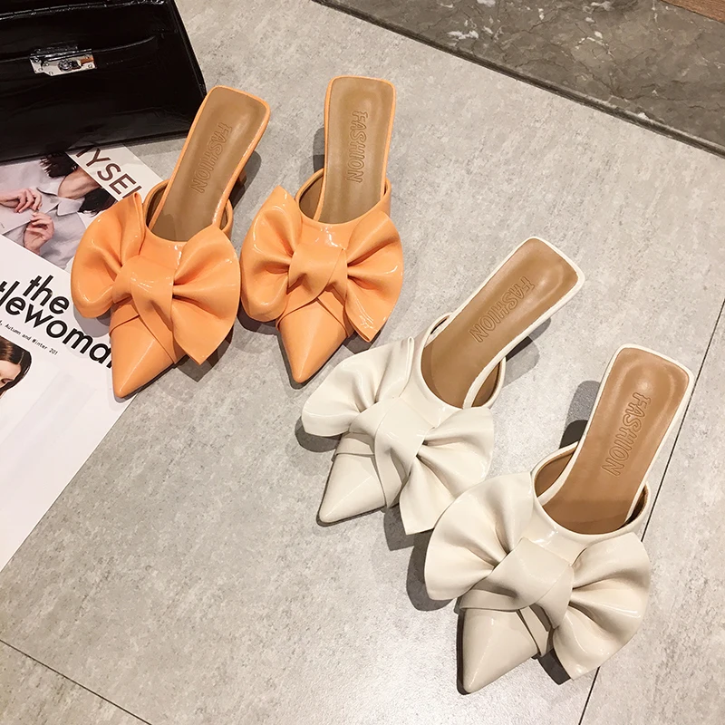 

Thin Heels Cover Toe Slippers Casual High-Heeled Shoes Lady Mules For Women 2021 Butterfly-Knot Slides Med Luxury Pointed Pumps