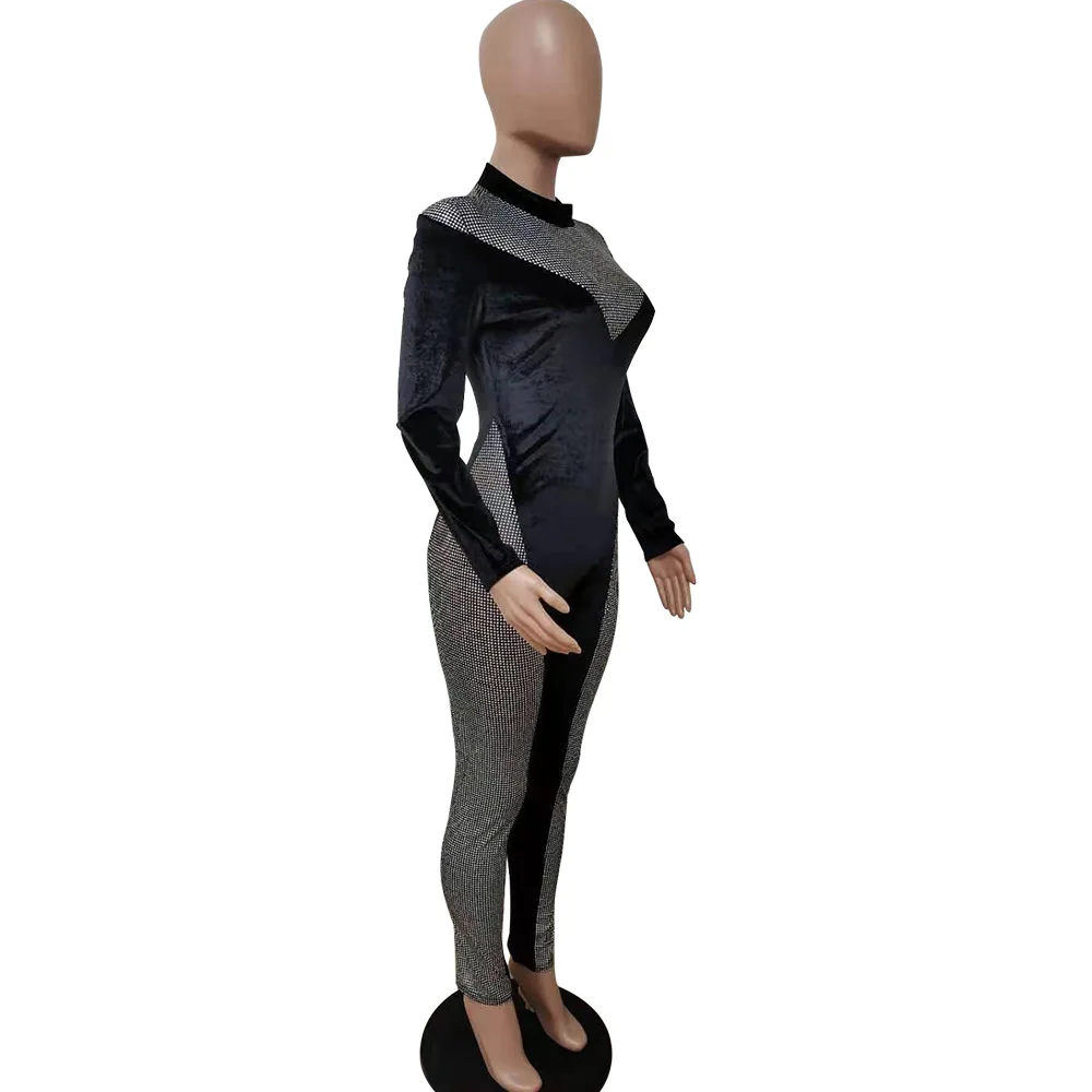 

Cutubly Jumpsuit Sexy Long Sleeve Romper Rave Jumpsuit Sheer Mesh Stitching Velvet Zip Festival Club One Piece