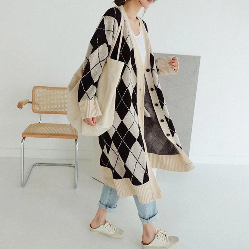 Женский вязаный кардиган с карманами повседневный толстый длинный свободного