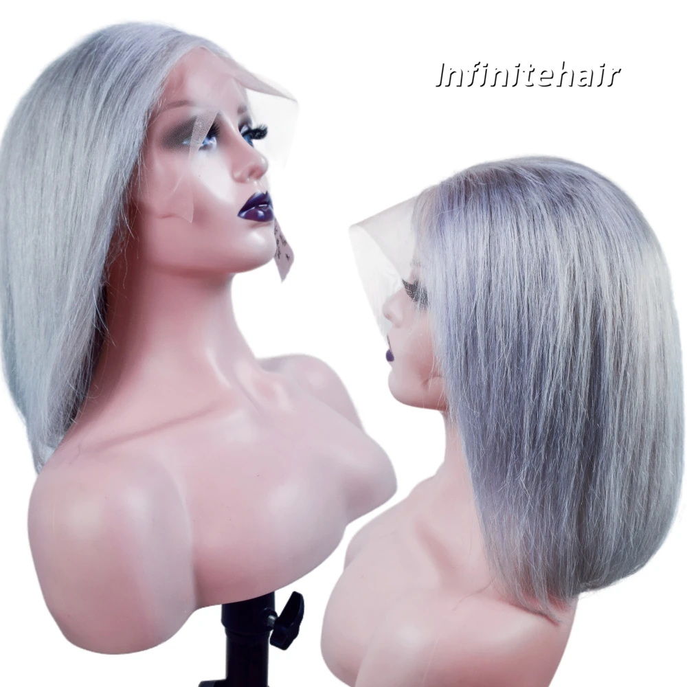 

Grey Short Bob Straight Lace Front Brazilian Remy Human Hair Wig Pre Plucked Transparent 13x3 Lace Frontal Wigs For Woman