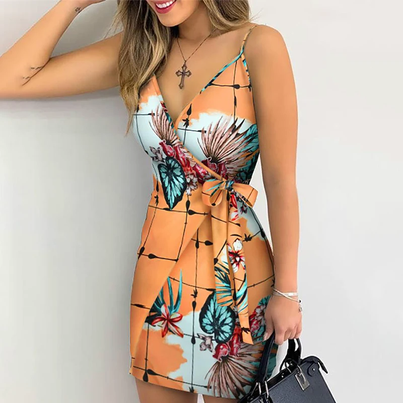 

Female Spaghetti Strap Bohemian Beachwear Bow Belt Summer Women Holiday Floral Leaves Print Bodycon V-neck Mini Dress
